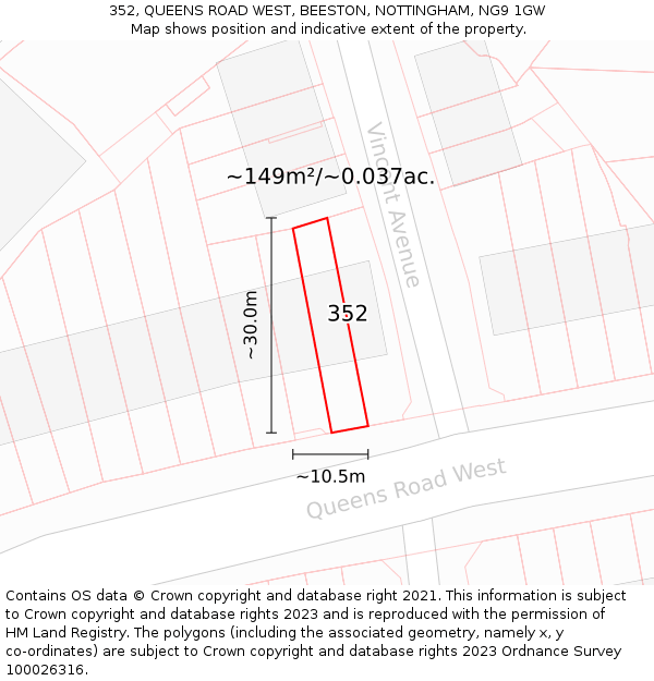 352, QUEENS ROAD WEST, BEESTON, NOTTINGHAM, NG9 1GW: Plot and title map
