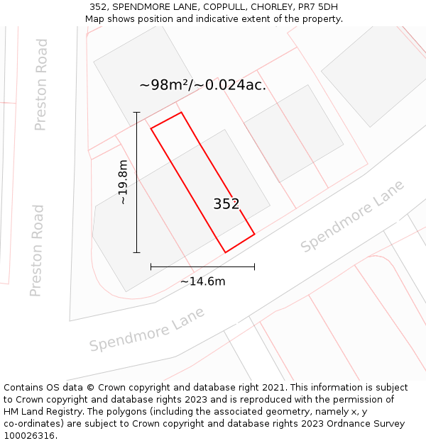 352, SPENDMORE LANE, COPPULL, CHORLEY, PR7 5DH: Plot and title map