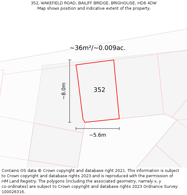 352, WAKEFIELD ROAD, BAILIFF BRIDGE, BRIGHOUSE, HD6 4DW: Plot and title map