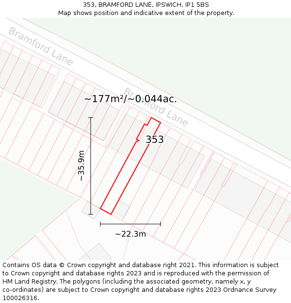 353, BRAMFORD LANE, IPSWICH, IP1 5BS: Plot and title map