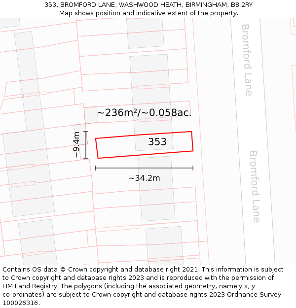 353, BROMFORD LANE, WASHWOOD HEATH, BIRMINGHAM, B8 2RY: Plot and title map