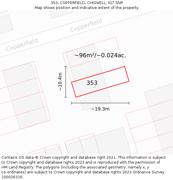353, COPPERFIELD, CHIGWELL, IG7 5NR: Plot and title map