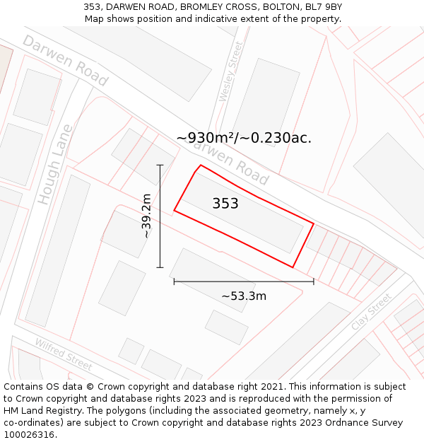 353, DARWEN ROAD, BROMLEY CROSS, BOLTON, BL7 9BY: Plot and title map