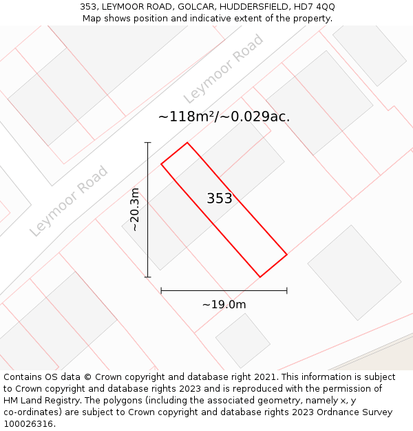 353, LEYMOOR ROAD, GOLCAR, HUDDERSFIELD, HD7 4QQ: Plot and title map