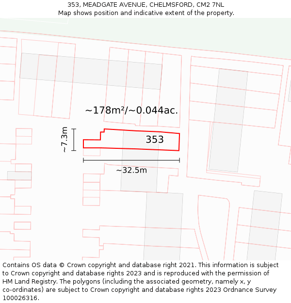 353, MEADGATE AVENUE, CHELMSFORD, CM2 7NL: Plot and title map