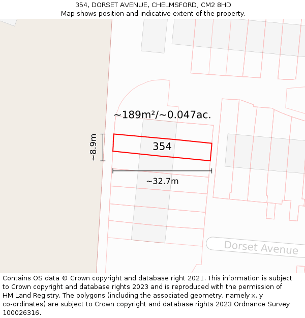354, DORSET AVENUE, CHELMSFORD, CM2 8HD: Plot and title map