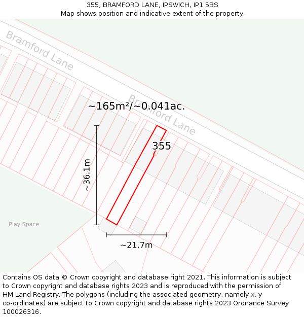 355, BRAMFORD LANE, IPSWICH, IP1 5BS: Plot and title map