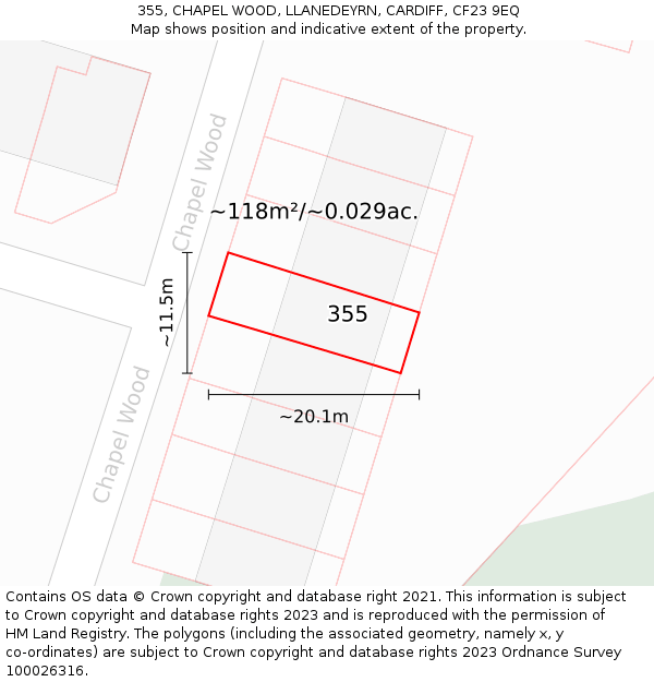 355, CHAPEL WOOD, LLANEDEYRN, CARDIFF, CF23 9EQ: Plot and title map