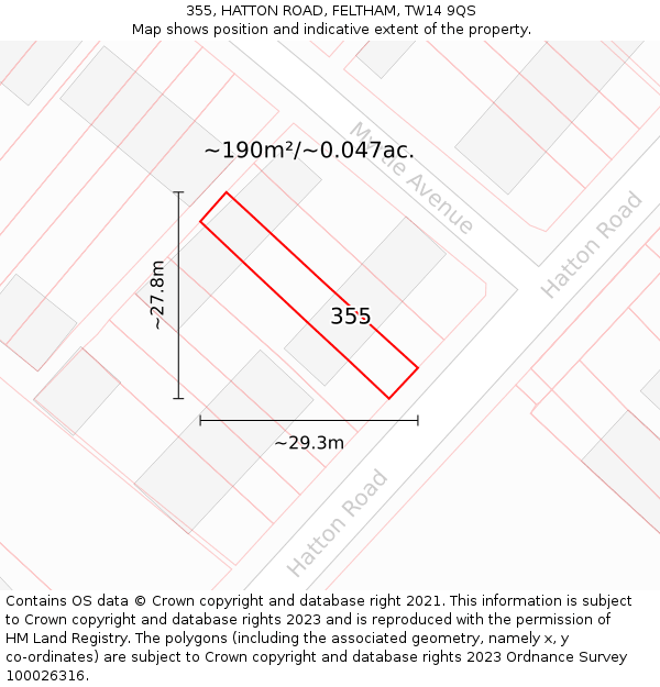 355, HATTON ROAD, FELTHAM, TW14 9QS: Plot and title map