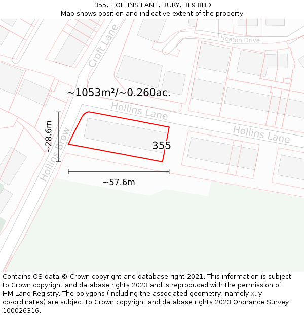 355, HOLLINS LANE, BURY, BL9 8BD: Plot and title map