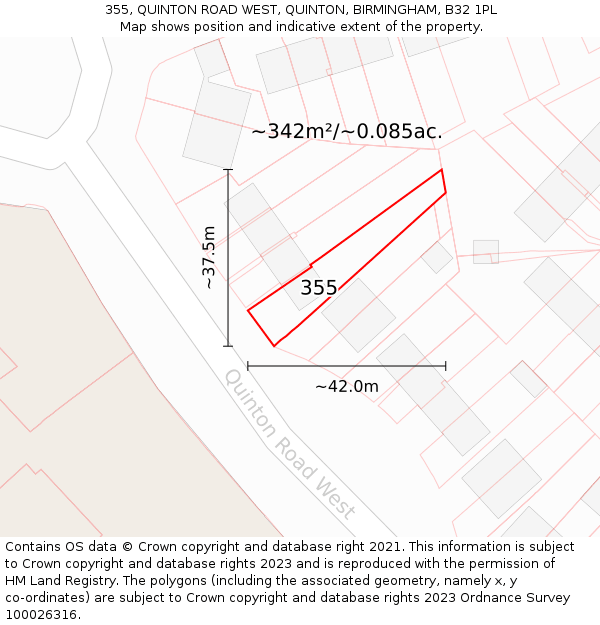 355, QUINTON ROAD WEST, QUINTON, BIRMINGHAM, B32 1PL: Plot and title map