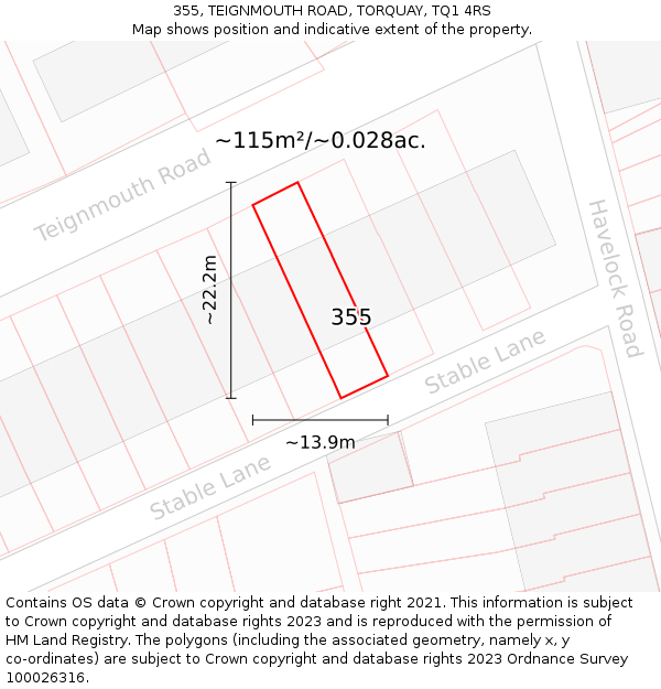 355, TEIGNMOUTH ROAD, TORQUAY, TQ1 4RS: Plot and title map