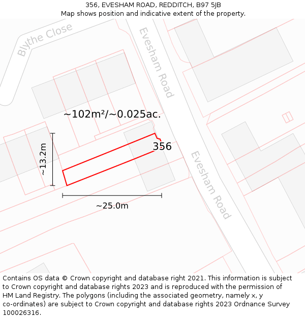 356, EVESHAM ROAD, REDDITCH, B97 5JB: Plot and title map