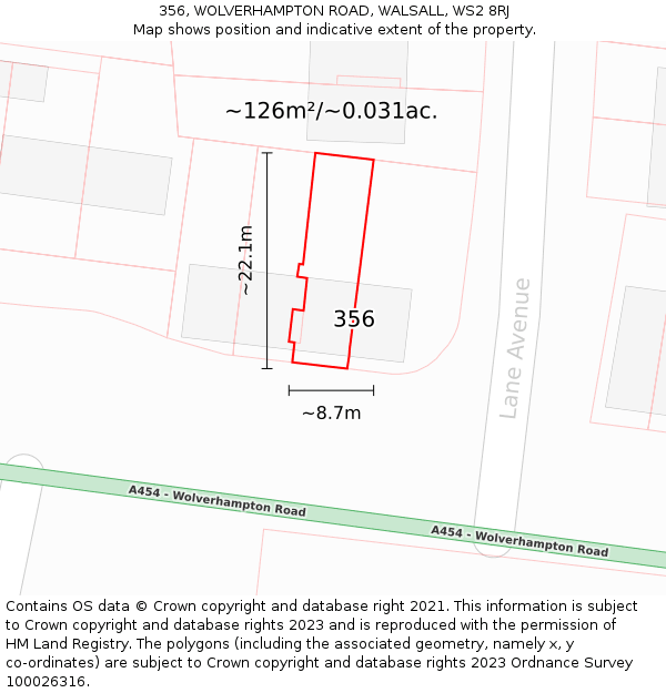 356, WOLVERHAMPTON ROAD, WALSALL, WS2 8RJ: Plot and title map