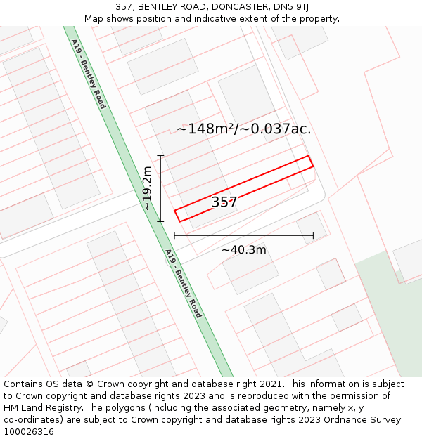 357, BENTLEY ROAD, DONCASTER, DN5 9TJ: Plot and title map