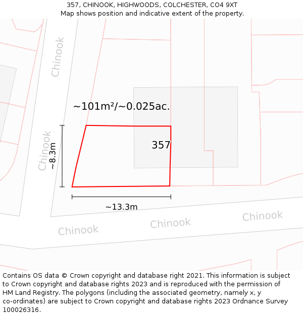 357, CHINOOK, HIGHWOODS, COLCHESTER, CO4 9XT: Plot and title map