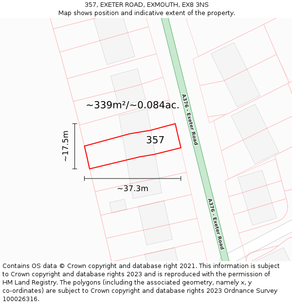 357, EXETER ROAD, EXMOUTH, EX8 3NS: Plot and title map