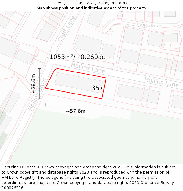 357, HOLLINS LANE, BURY, BL9 8BD: Plot and title map