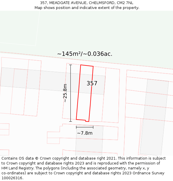 357, MEADGATE AVENUE, CHELMSFORD, CM2 7NL: Plot and title map
