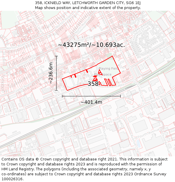 358, ICKNIELD WAY, LETCHWORTH GARDEN CITY, SG6 1EJ: Plot and title map