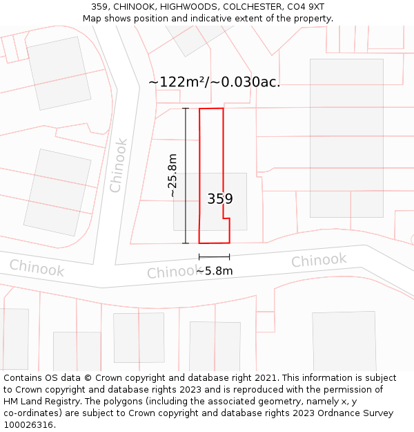 359, CHINOOK, HIGHWOODS, COLCHESTER, CO4 9XT: Plot and title map