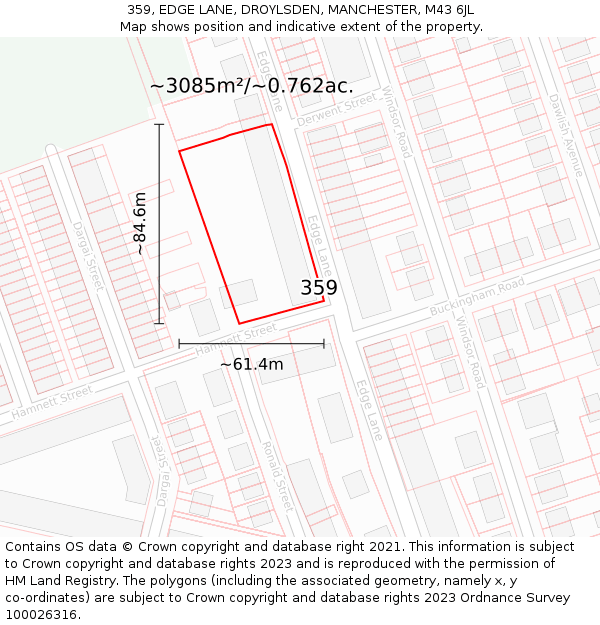 359, EDGE LANE, DROYLSDEN, MANCHESTER, M43 6JL: Plot and title map