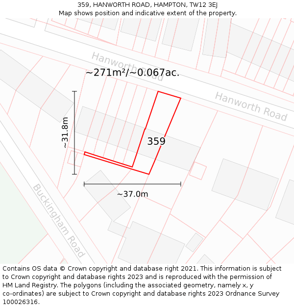 359, HANWORTH ROAD, HAMPTON, TW12 3EJ: Plot and title map