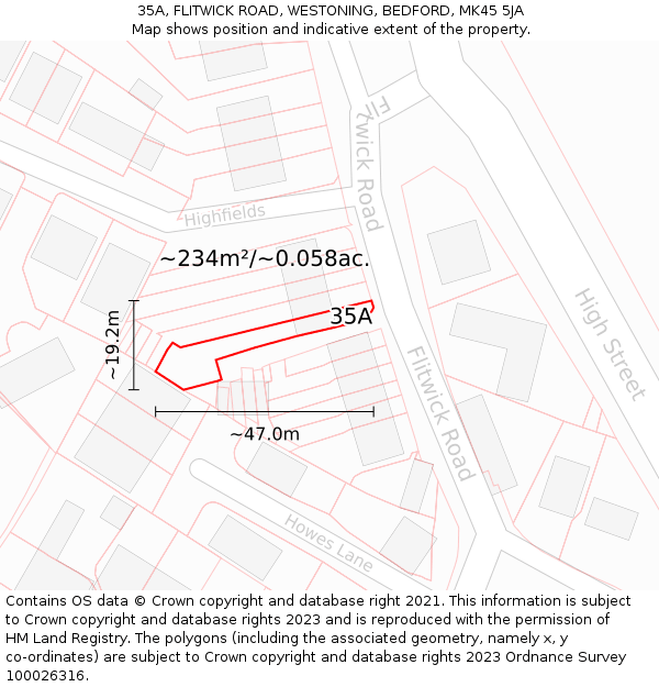 35A, FLITWICK ROAD, WESTONING, BEDFORD, MK45 5JA: Plot and title map