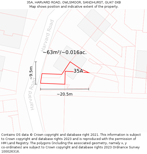 35A, HARVARD ROAD, OWLSMOOR, SANDHURST, GU47 0XB: Plot and title map
