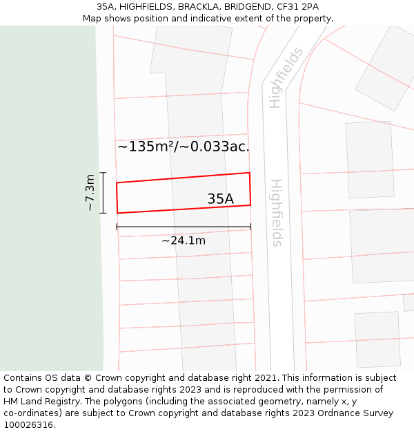 35A, HIGHFIELDS, BRACKLA, BRIDGEND, CF31 2PA: Plot and title map