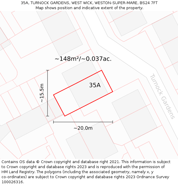 35A, TURNOCK GARDENS, WEST WICK, WESTON-SUPER-MARE, BS24 7FT: Plot and title map