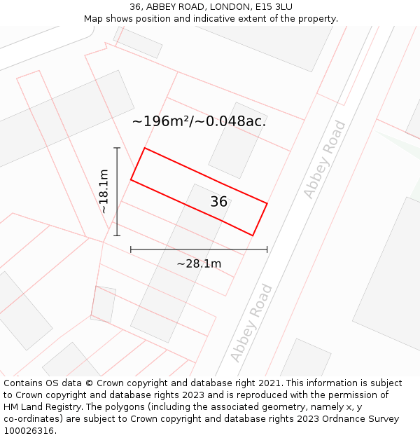 36, ABBEY ROAD, LONDON, E15 3LU: Plot and title map