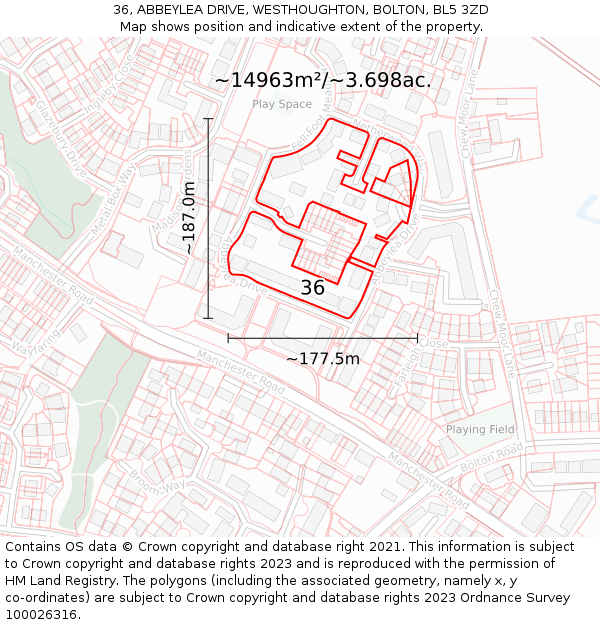 36, ABBEYLEA DRIVE, WESTHOUGHTON, BOLTON, BL5 3ZD: Plot and title map