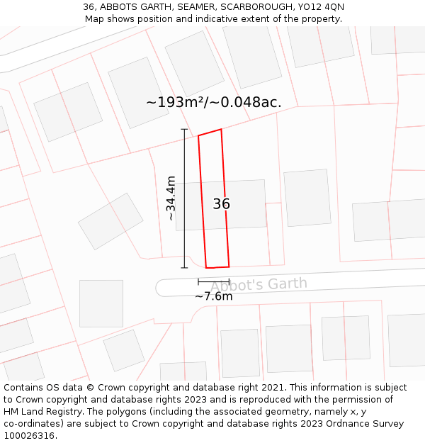 36, ABBOTS GARTH, SEAMER, SCARBOROUGH, YO12 4QN: Plot and title map