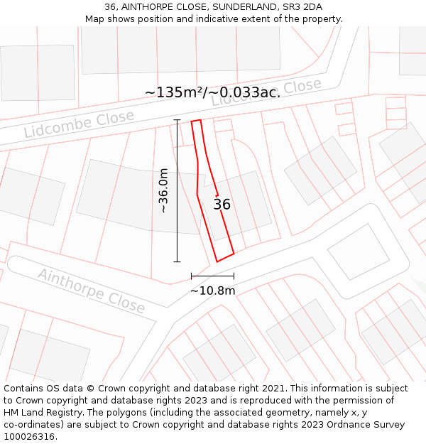 36, AINTHORPE CLOSE, SUNDERLAND, SR3 2DA: Plot and title map