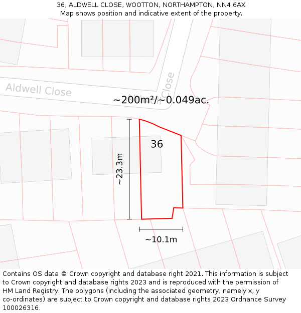 36, ALDWELL CLOSE, WOOTTON, NORTHAMPTON, NN4 6AX: Plot and title map