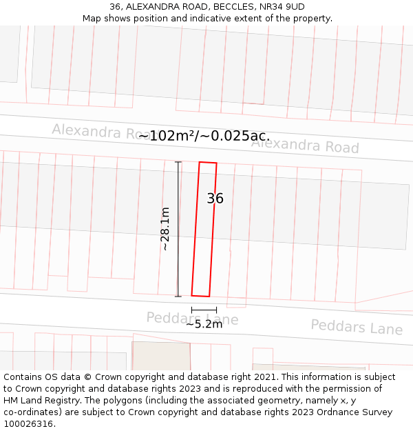 36, ALEXANDRA ROAD, BECCLES, NR34 9UD: Plot and title map