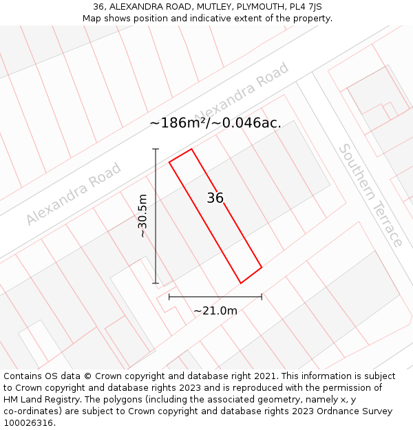 36, ALEXANDRA ROAD, MUTLEY, PLYMOUTH, PL4 7JS: Plot and title map