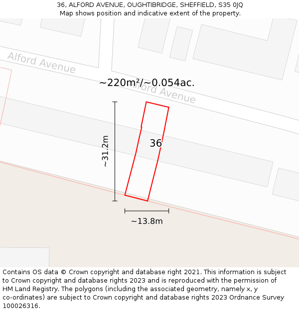 36, ALFORD AVENUE, OUGHTIBRIDGE, SHEFFIELD, S35 0JQ: Plot and title map