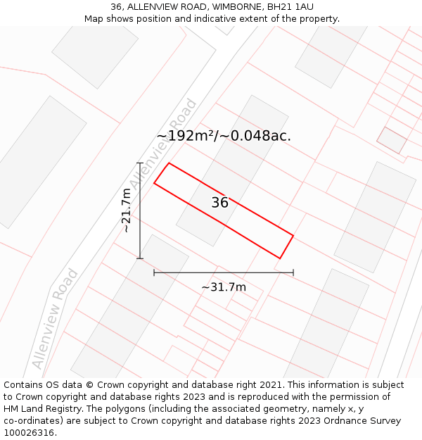 36, ALLENVIEW ROAD, WIMBORNE, BH21 1AU: Plot and title map