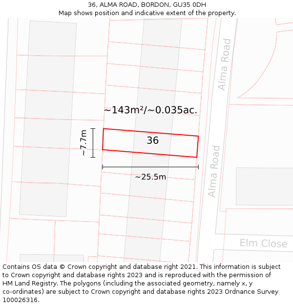 36, ALMA ROAD, BORDON, GU35 0DH: Plot and title map