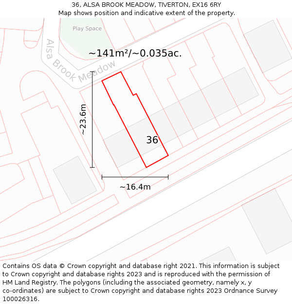 36, ALSA BROOK MEADOW, TIVERTON, EX16 6RY: Plot and title map