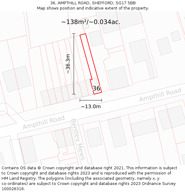 36, AMPTHILL ROAD, SHEFFORD, SG17 5BB: Plot and title map