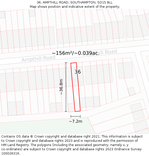 36, AMPTHILL ROAD, SOUTHAMPTON, SO15 8LL: Plot and title map