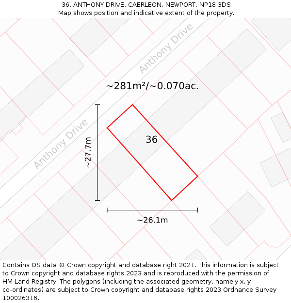 36, ANTHONY DRIVE, CAERLEON, NEWPORT, NP18 3DS: Plot and title map
