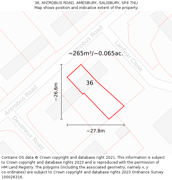 36, ANTROBUS ROAD, AMESBURY, SALISBURY, SP4 7NU: Plot and title map