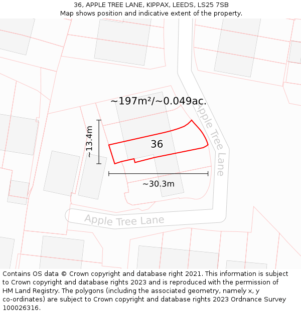 36, APPLE TREE LANE, KIPPAX, LEEDS, LS25 7SB: Plot and title map