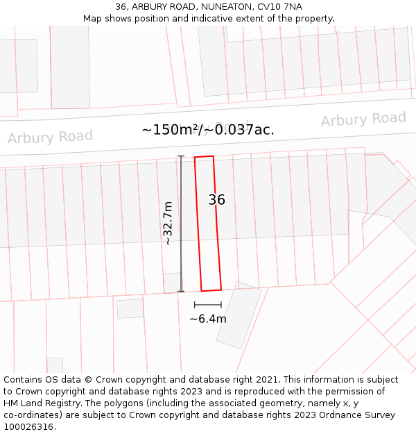 36, ARBURY ROAD, NUNEATON, CV10 7NA: Plot and title map