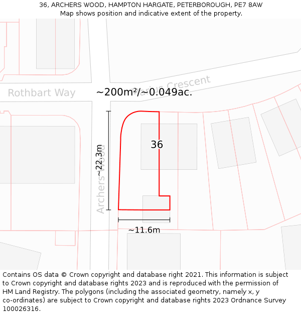 36, ARCHERS WOOD, HAMPTON HARGATE, PETERBOROUGH, PE7 8AW: Plot and title map