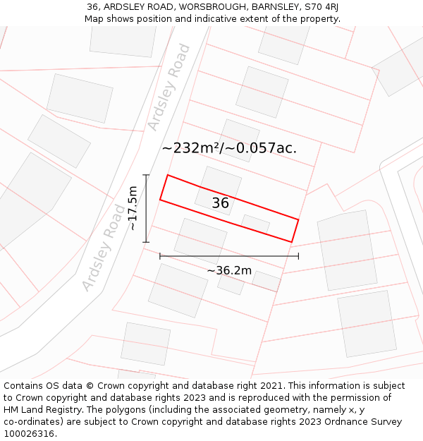36, ARDSLEY ROAD, WORSBROUGH, BARNSLEY, S70 4RJ: Plot and title map